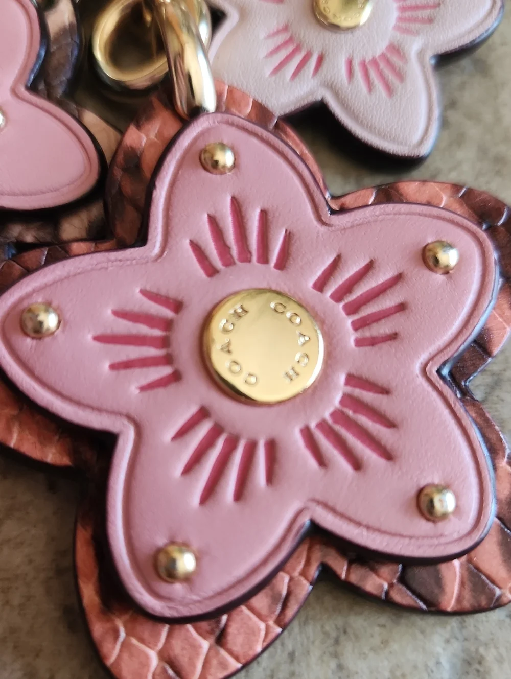 COACH Wildflower Pink Floral Leather Key/purse Charm with Gold Hardware